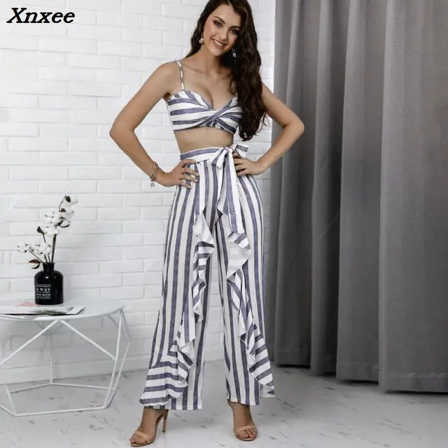 Best Offers 2018 New Fashion Summer Women Sexy Plus Size Elegant Gray Two-Pieces Suit Set Striped Twist Cami Top & Ruffle Wide Leg Pants Set Best Offers 2018 New Fashion Summer Women Sexy Plus Size Elegant Gray Two-Pieces Suit Set Striped Twist Cami Top & Ruffle Wide Leg Pants Set