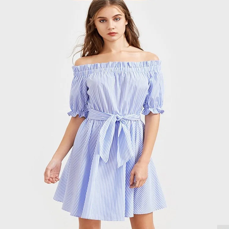 

Ebay AliExpress Summer New Style Beach Wear Ms Half Sleeves Blue Striped Boat/Bateau Neckline off-the-Shoulder Belt Dress 0357