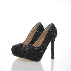Черная обувь с украшением в виде кристаллов и стразами Дамская обувь к вечернему платью Свадебные туфли-лодочки Обувь с платформой под