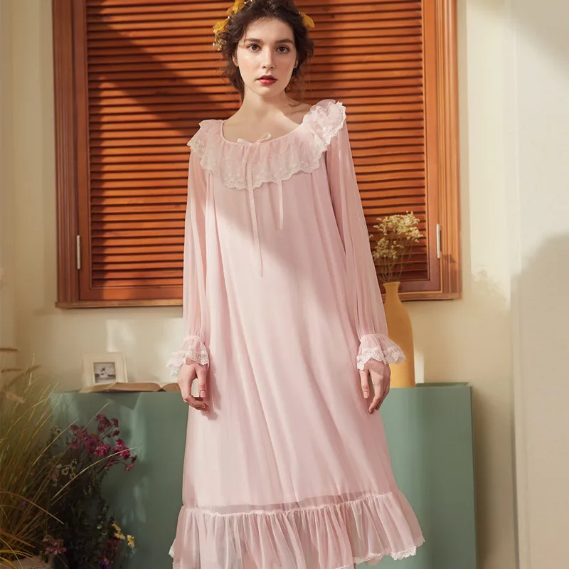 

Sleepwear Nightgown 2019 New Princess Woman Lace Night Sleeping Dress Sexy Pink Summer Spring Lace Sleepshirt Dress For Women