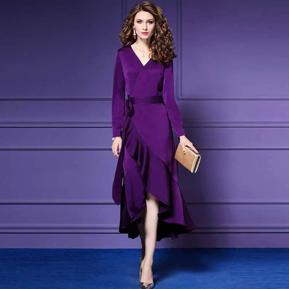 

Sisjuly Women Evening Party Vintage Ruffle Bow Lace Up Purple Black Dress Office Lady Asymmetric Falbala Deep V Work Dresses