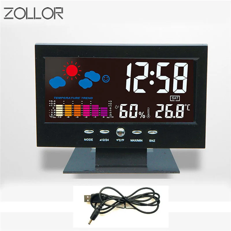 

LED Mirror Weather Forecast Digital Alarm Table Clock Snooze Electronic Temperature Display Voice Control Backlit USB Cable