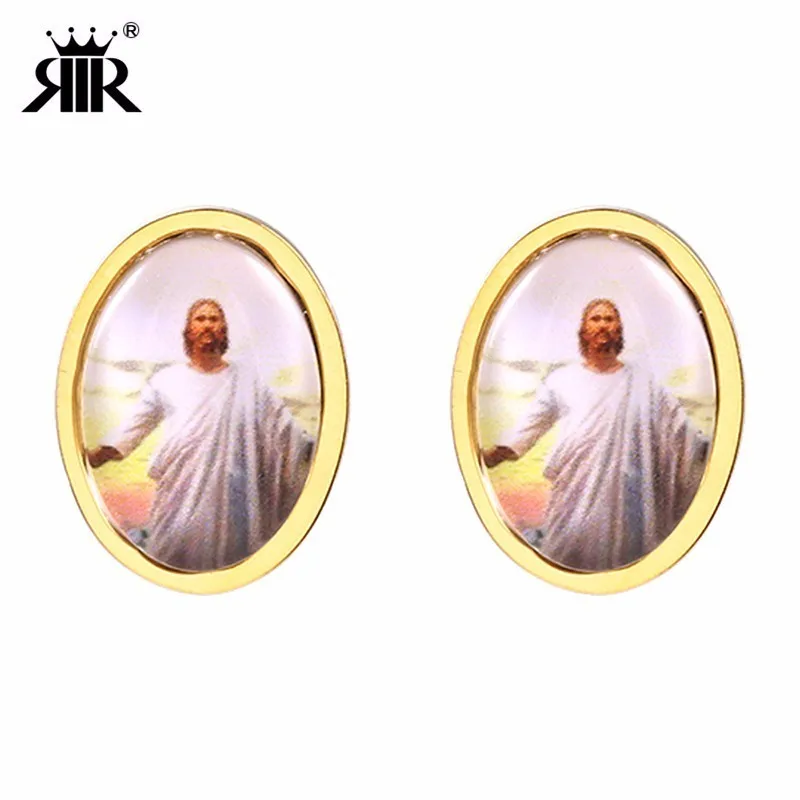 

RIR Classic Stainless Steel Gold Sacred Jesus Stud Earrings Christian Prayer Blessing Stud Earrings Catholic Jewellery Gifts