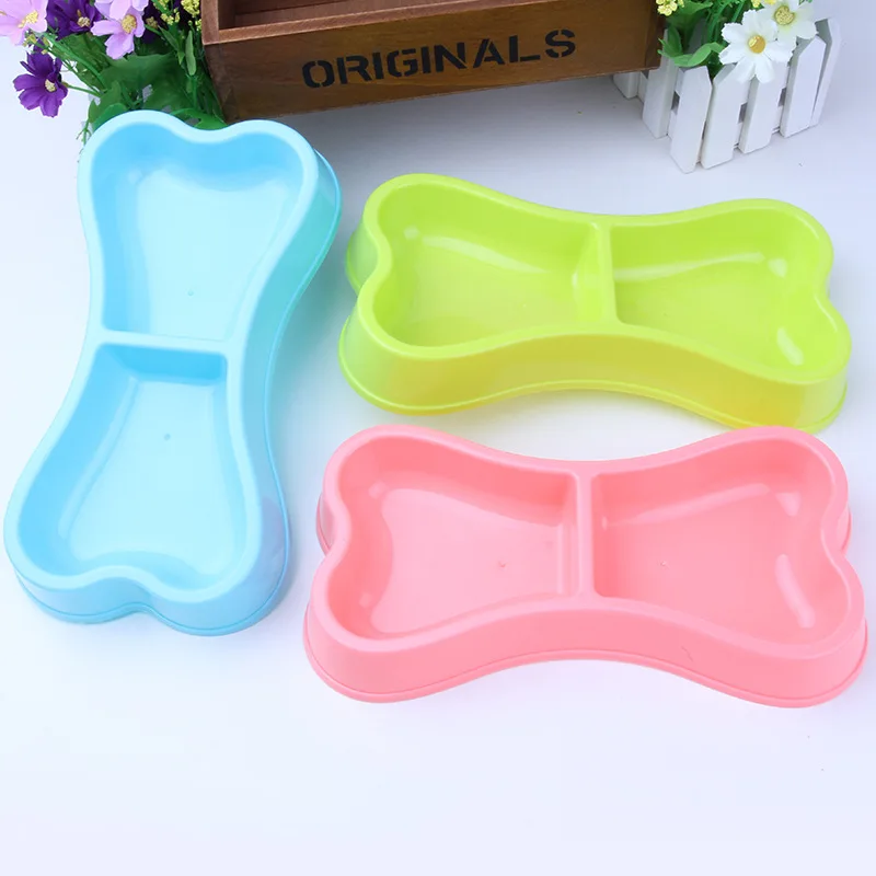 

Puppy Food Bowl Travel Pet Feeder Plastic Dog Bowls Bone-shaped Candy Color Dog Feeder Eco-friendly Double-head Bowls