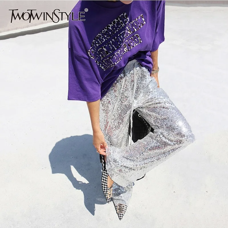 

TWOTWINSTYLE Heavy Sequined Patchwork Trousers For Women High Waist Ankle Length Elastic Pants Female Spring Fashion 2019 Tide