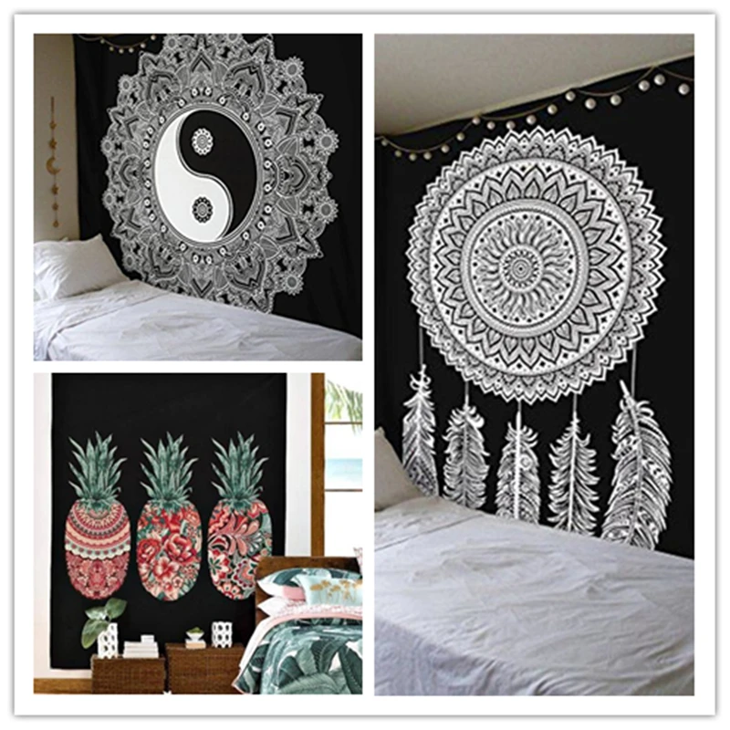 

Cilected Black And White Wall Cloth Tapestries Feather Printed Mandala Tapestry Wall Hanging Home Decor Beach 180X230CM