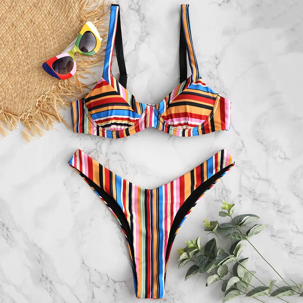 Комплект бикини на косточках с высоким вырезом ZAFUL Rainbow|Купальники |