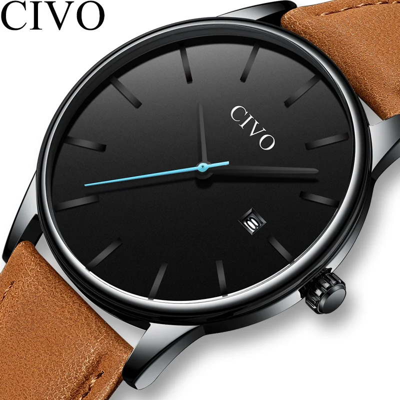 

CIVO New Fashion Casual Mens Watches Top Brand Waterproof Minimalist Sports wrist Slim Leather Strap Quartz Watch For Men Clock
