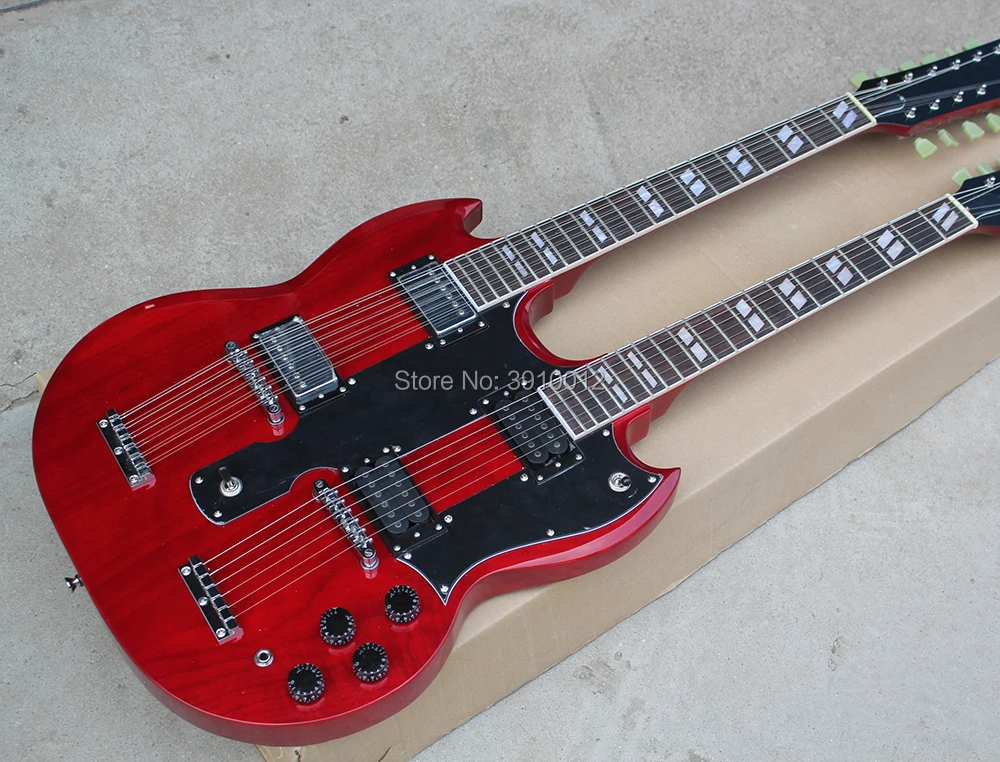 

Factory Custom 12+6 strings Double Neck Wine Red Electric Guitar,Black Pickguard,Rosewood Fretboard,Offer Customized