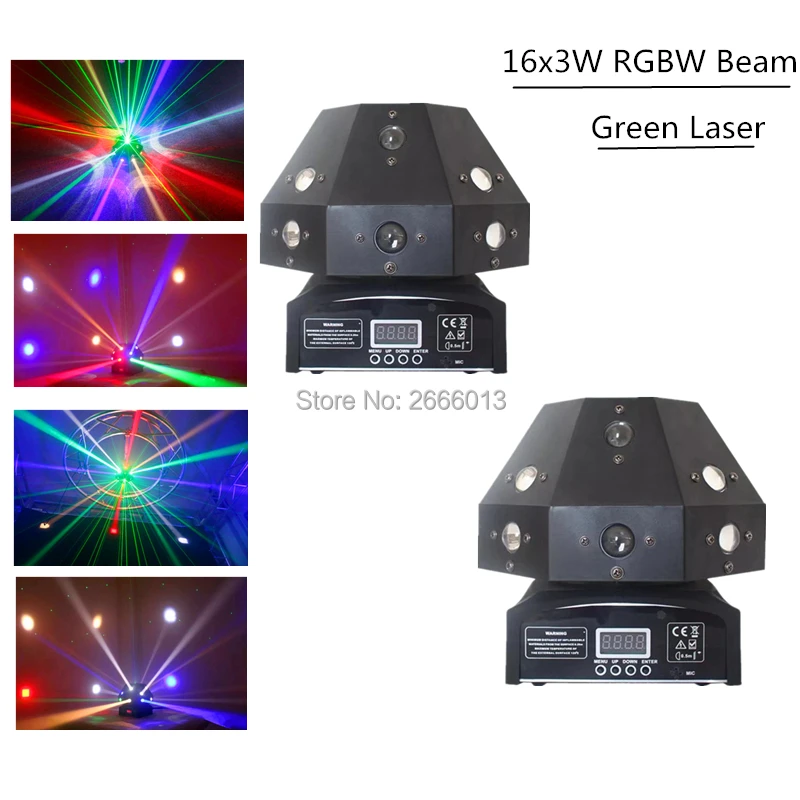 

2PCS Beam Laser 2in1 Stage Light ,16X3W LED RGBW Beam Moving Head Light+1Pcs Green Laser Good For Disco Bar Party DJ Equipments