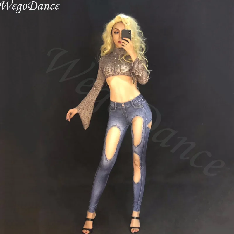 

Sexy woman full drill 3D jeans long pants trumpet sleeves night club performances rhinestone bodysuit freeshipping