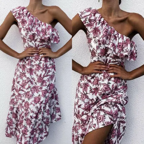 

2019 New Womens One-Shoulder Ruffled Bohemian Flower Print and Calf Dress
