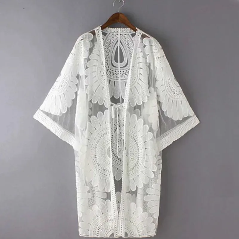 

WKOUD EAM 2019 Beach Cover Up Floral Embroidery Summer Lace-up Swimwear Women V-neck Collar Robe De Plage Beach Bathing Suit