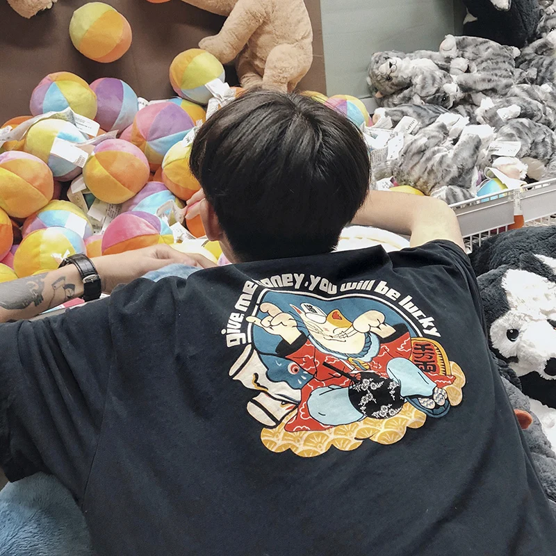 2019 Summer top Men's New Pattern Fashion Trend Cartoon Printing Student Grey/white Color Cotton Clothing Loose T-shirts tshirt