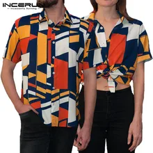 Мужские повседневные рубашки с этническим геометрическим принтом, тропические облегающие топы с короткими рукавами и отворотами, модная Гавайская блуза, женская рубашка hombre