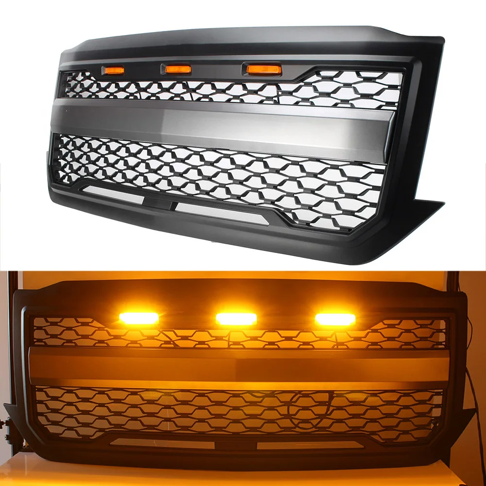 

Front Grill Grille w/ Amber Light for CHEVROLET Silverado 1500 2016 2017 2018 84134049 Car Parts Matte Black