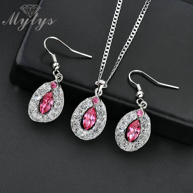 

Mytys Pink Color Crystal Jewelry Sets for Women Pendant Necklace and Drop Earrings Sets Mesh Design White Gold Color Sets CN172