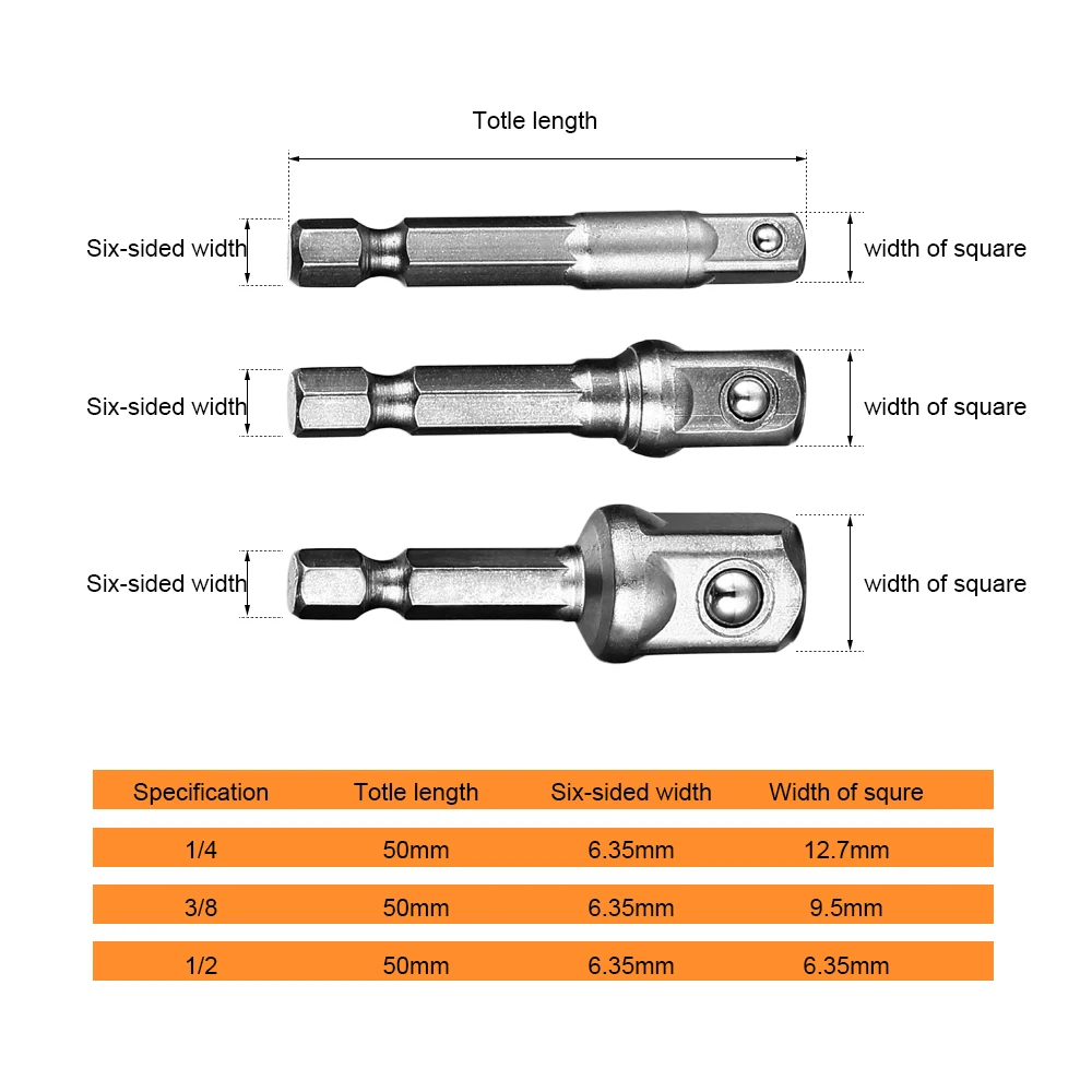 JelBo 3 шт./компл. 1/4 3/8 1/2 дюймов шестигранное гнездо адаптера хром-ванадиевая сталь Сталь Шестигранная биты для Ударная дрель сверла по металлу