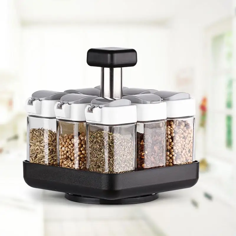 

Rotating Glass Seasoning Bottle 9 Piece Seasoning Can Condiment Rack spice rack porta tempero salt gun salt and pepper spice jar