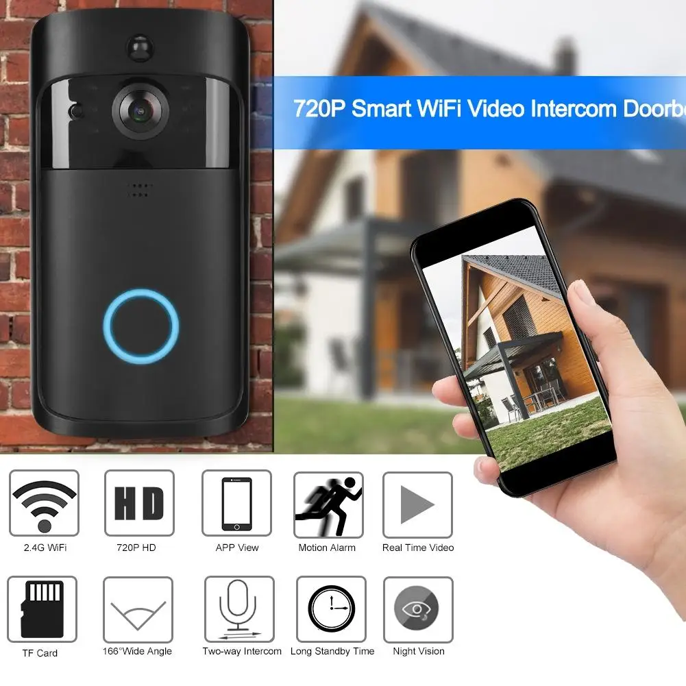 

720P Home Security WiFi Video Intercom Doorbell Wireless IR Night Vision Camera Doorbell Black