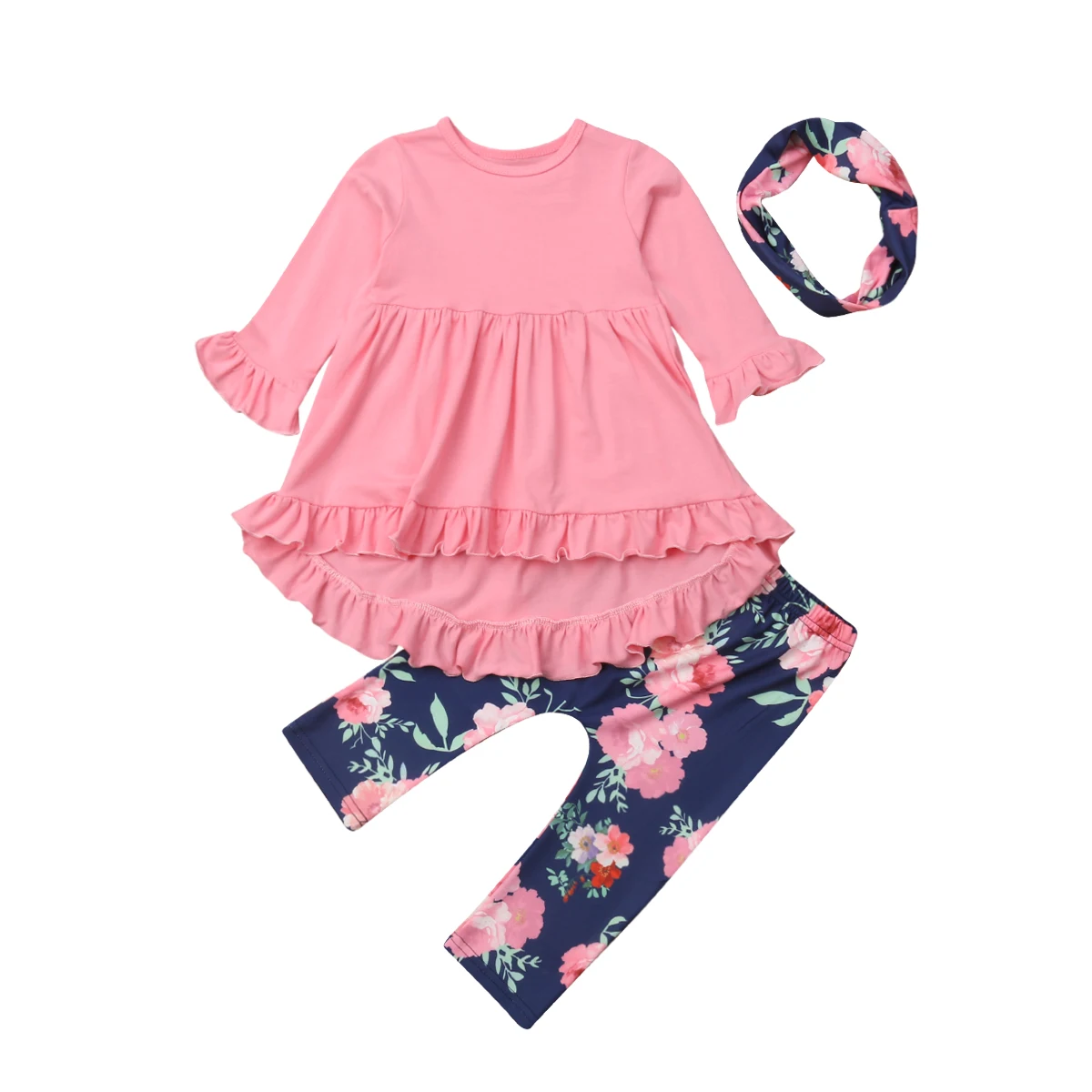 

1-6Y Toddler Kids Baby Girl Ruffles Long Sleeve Blouse Tops Floral Pant Scarf 3PCS Outfits Girls Clothing Set