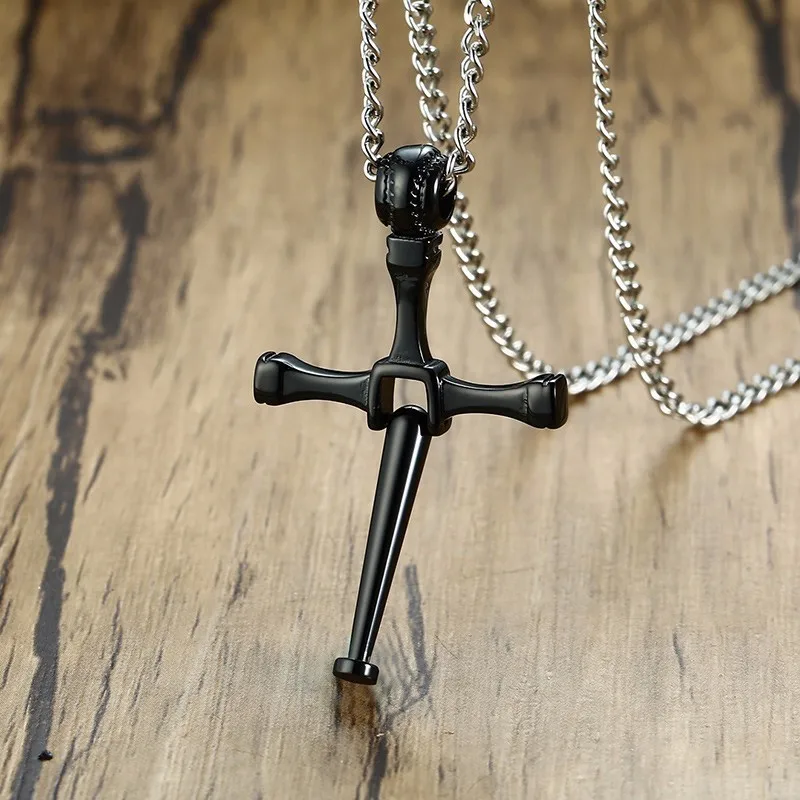 

Black Baseball and Baseball Bat Cross Pendant Necklace Youth Sports Stainless Steel Athletes Crucifixion Jewelry 20 -30 inch