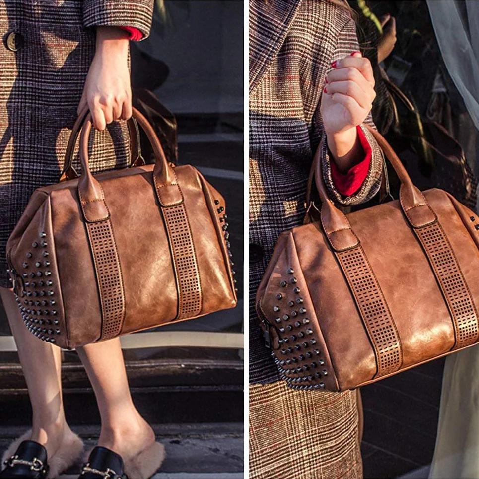 Di Gray Spalla Rivet Retro Spaziosa Tote Cuoio Dark Donne Elaborazione Satchel A Studded Dell'unità Delle Borse Handle brown Borsa Top WWfUawqvR