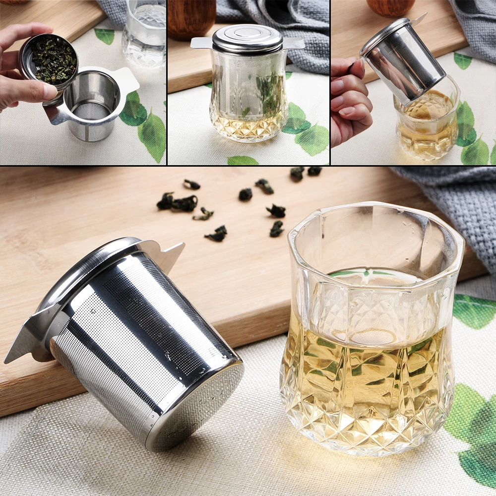 Фильтр для чая и кофе с крышкой, сетчатый фильтр для чая многоразового использования из нержавеющей стали, корзина для заварки чая с 2 ручками