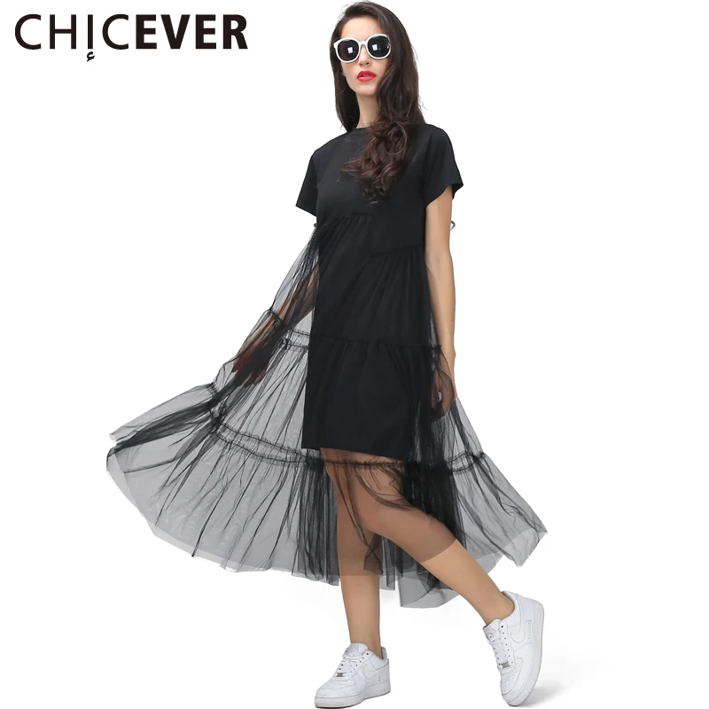Женское плиссированное платье-футболка CHICEVER черно-серое Сетчатое платье