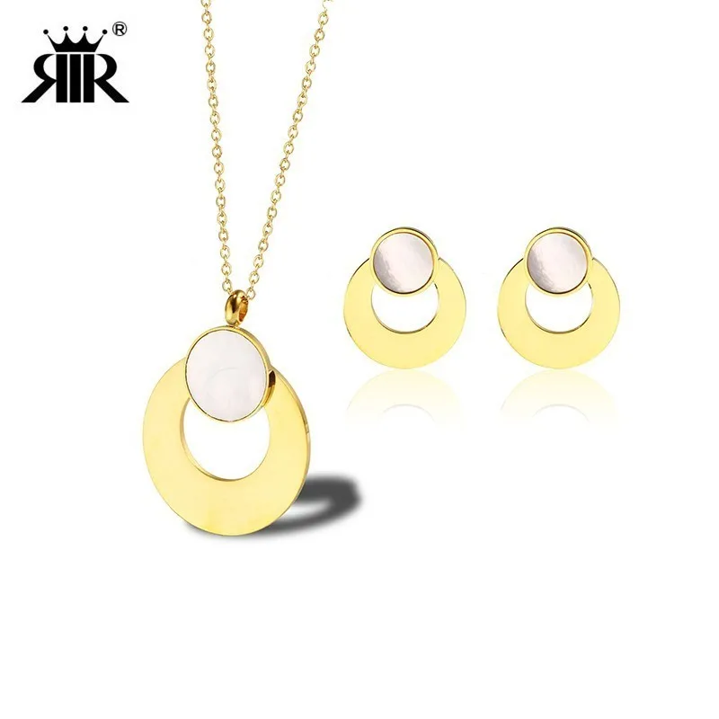 

RIR Fashion Exquisite Opal Jewelry Sets Gold Color Circle Earrings For Women Wedding Round Pendant Necklace African Bridal
