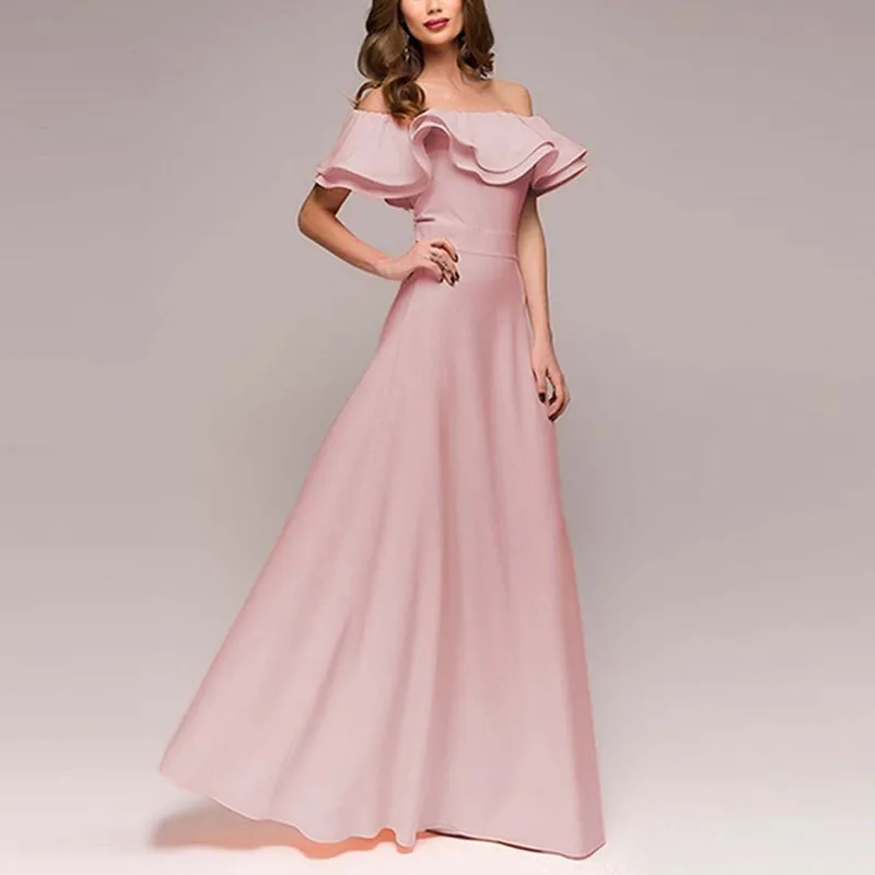 

JRNNORV New Female Pink Long Dress Women Vintage Sexy Party Women Off The Shoulder Long Dress Elegant Vestidos de festa BA0468