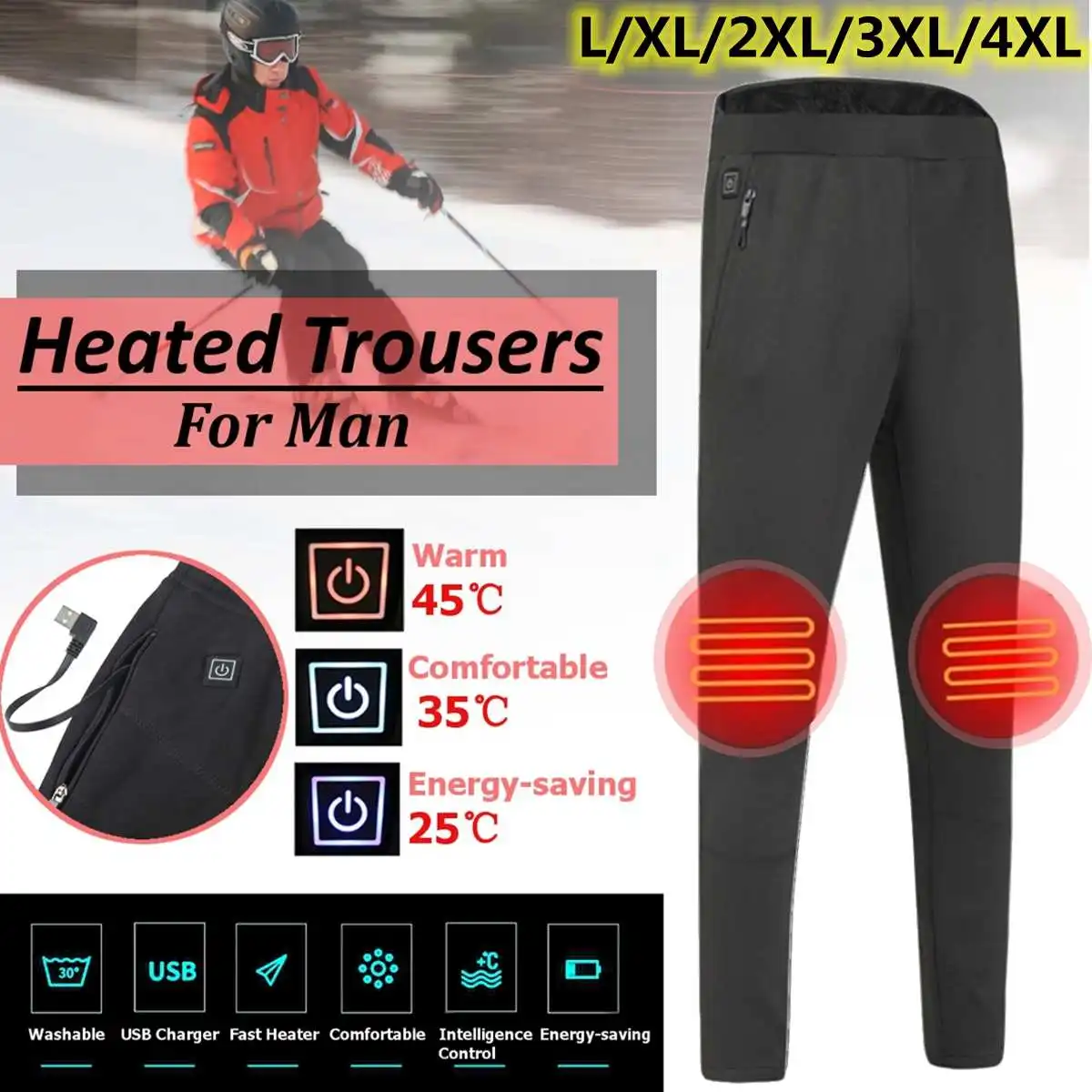 

1 Pcs Men Heated Pants Winter Outdoor Hiking Heating Fever Trousers Usb Charging High Waist Leggings Trousers Slim Thickened