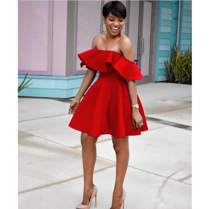 

2019 New Summer Dress Slash Neck Lotus Leaf Off Shoulder High Waist Party Dresses European Style Vestido De Verao Ez*