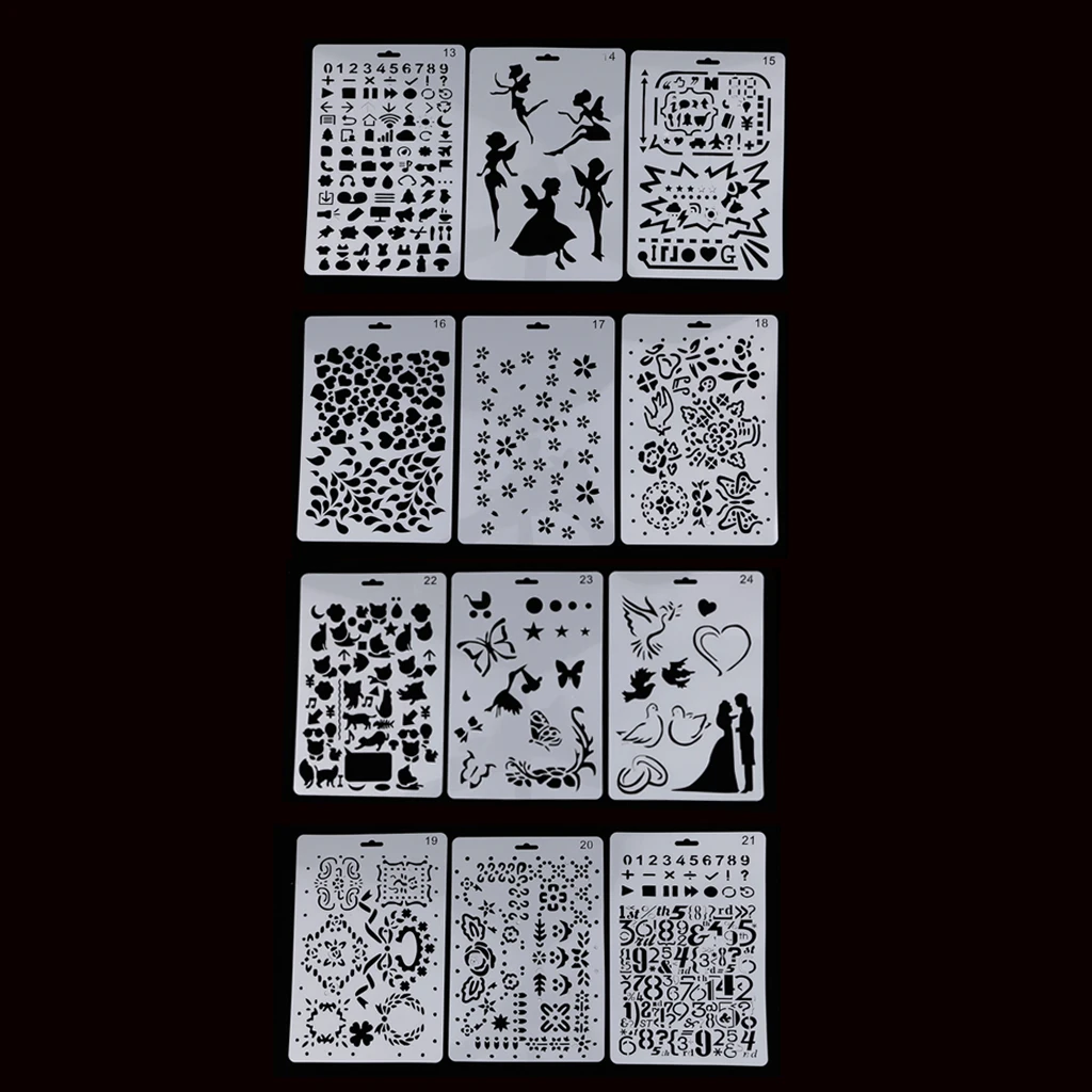 

12pcs Bullet Journal Stencil Plastic Planner Set for Journal/Notebook/Diary/Scrapbook/Card Making DIY Drawing Template