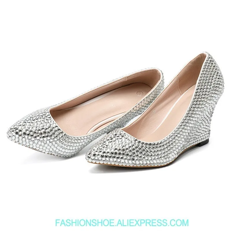 

Silver Crystal Shoes Woman Pumps Wedges Pointed Toe Block Party Bling Rhinestone Decoration Bridesmaid Wedding High Heels