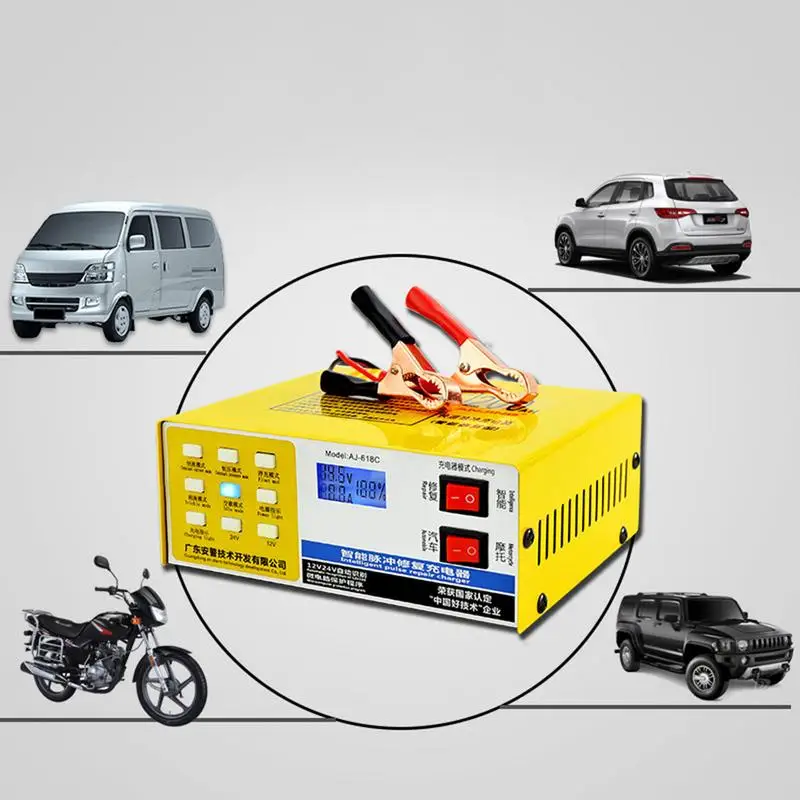 Car Battery Charger 12V And 24 V High-Power Intelligent Pulse Repair Lead-Acid Battery Charger Yellow EU US Standard Fit Repair
