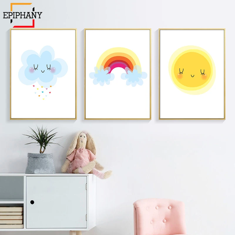 

Cloud Nursery Print Rainbow Wall Art Canvas Painting Nordic Kids Room Decor Cute Cartoon Posters and Prints Gift for Baby