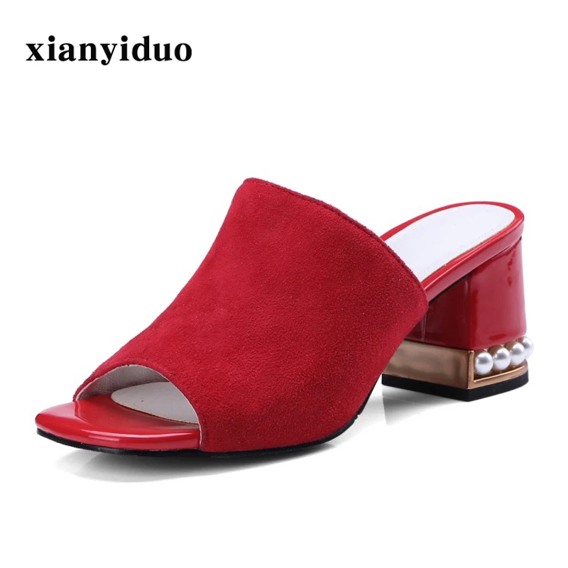 

xianyiduo 2019 new Summer cow suede womens shoes slippers String Bead red big size 33-44 thongs/flip-flop /193-56843