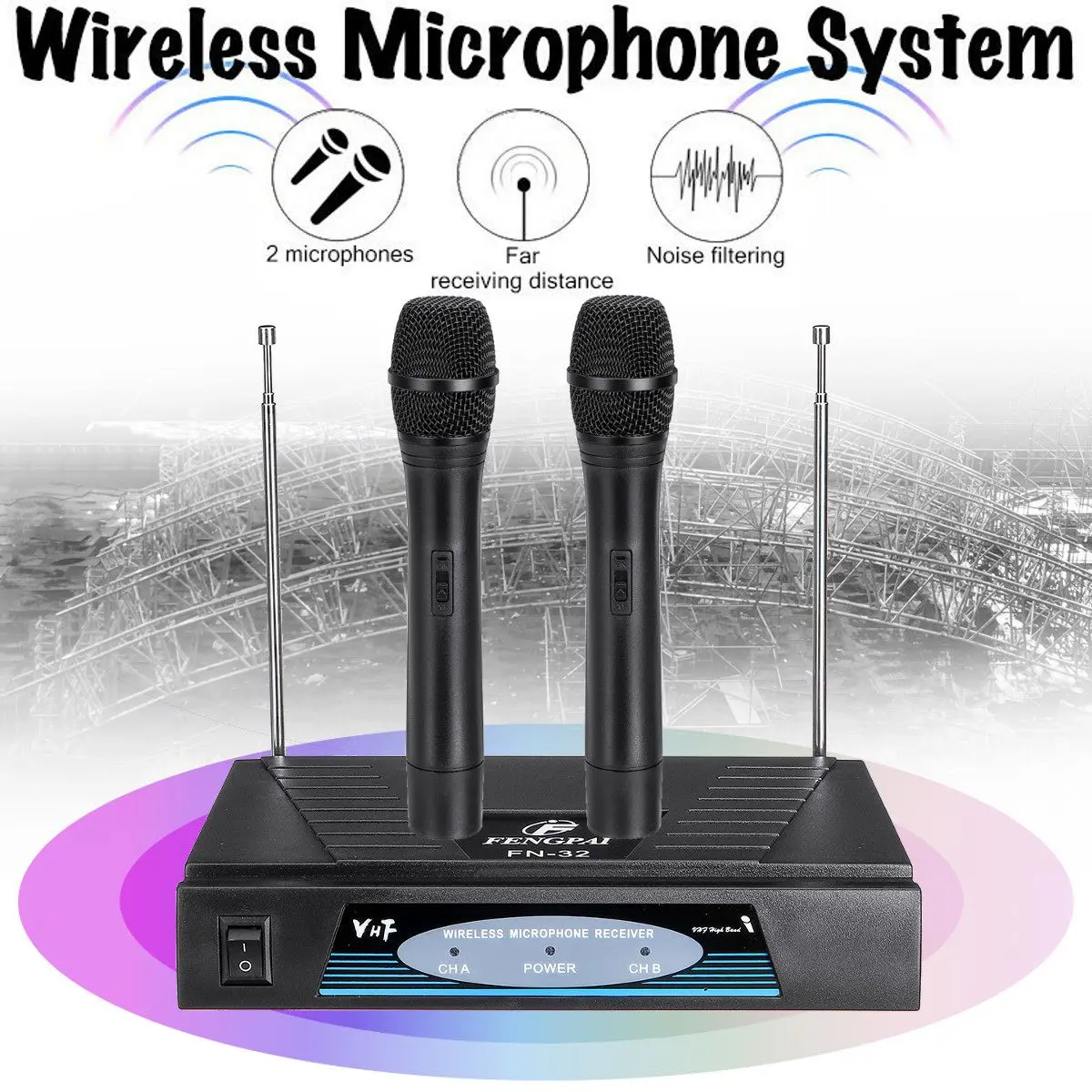 

Wireless 2 Channel Dual Handheld Microphone Mic System Carrier frequency Range 174-270MHz