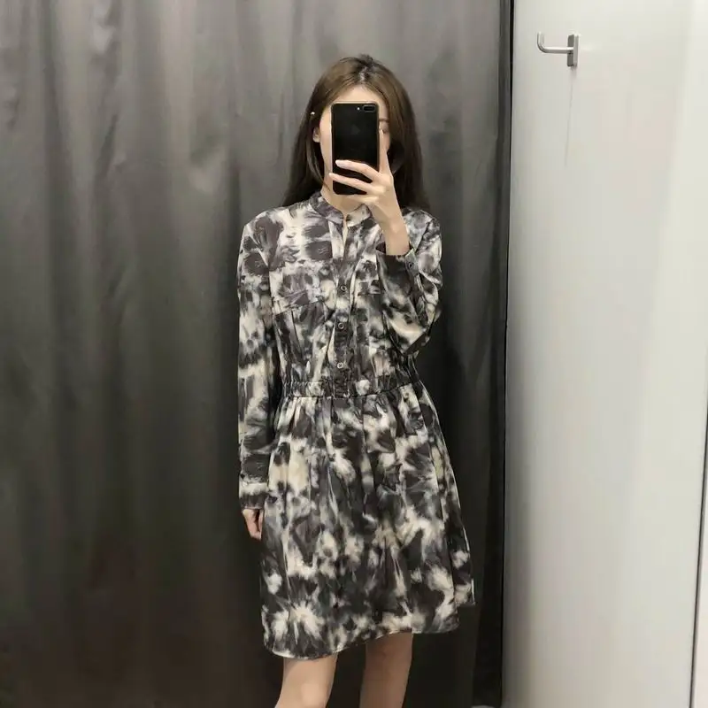 

Spring 2019 New Women Dresses Vintage Retro Look Style Tie Dyed Pattern Elastic Modern Lady's Dress Above knee Feminino Vestidos