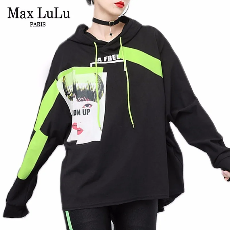 

Max LuLu 2019 Spring Fashion Korean Brand Ladies Punk Clothes Womens Black Hooded Tshirt Fitness Tops Loose Tee Shirts Plus Size