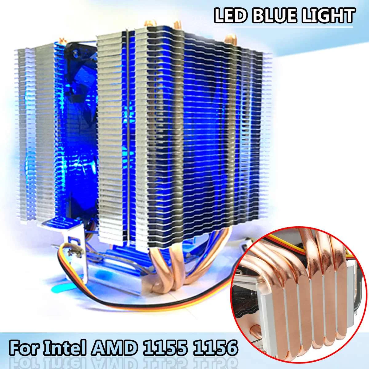 3Pin Blue Light Computer CPU Fan CPU Cooling Heatsink 6 Heatpipe
