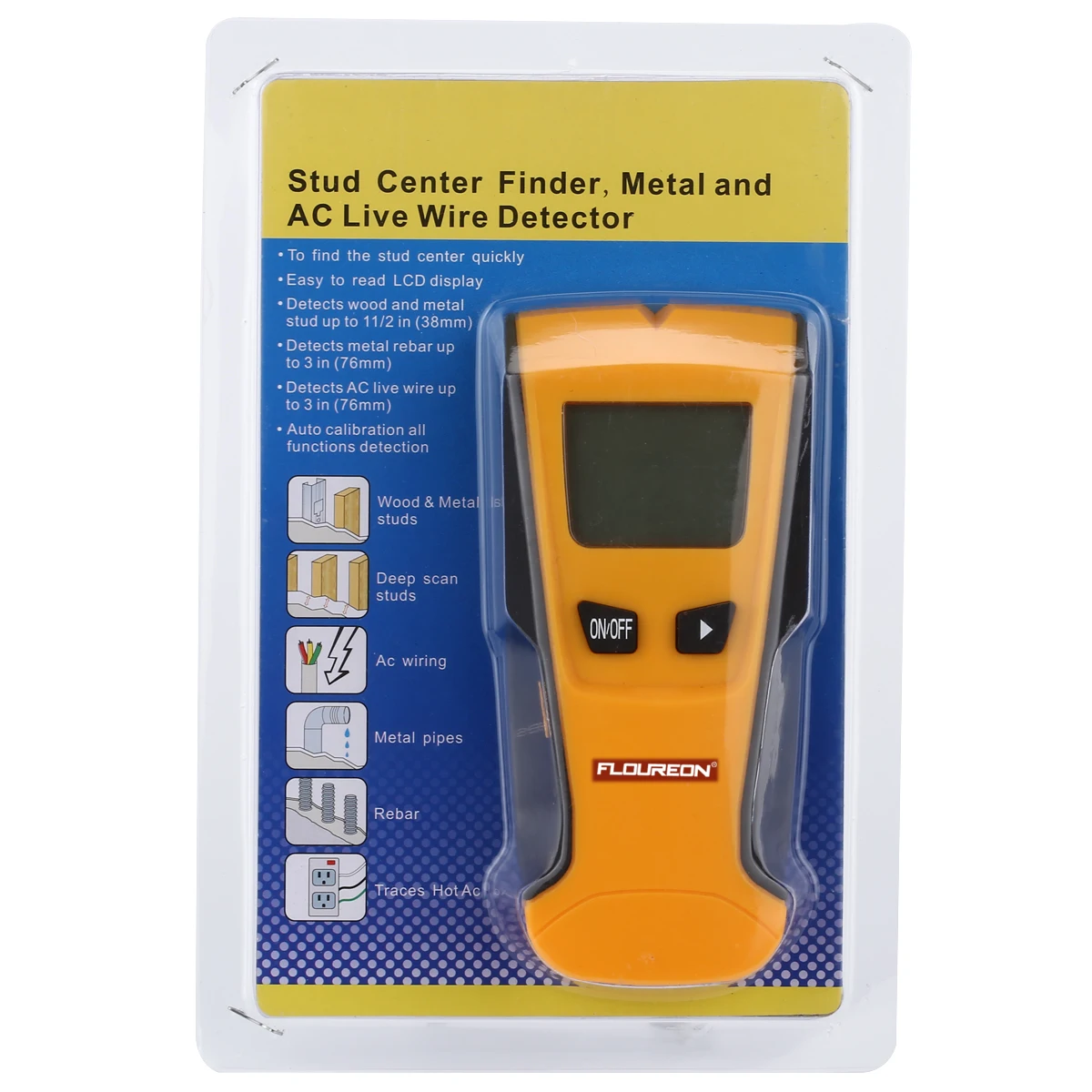 3 Modes Floureon 3-in-1 Multi-function Stud Center Finder Metal Detector,AC Live Wire Measuring Tester with Blacklight LCD Display