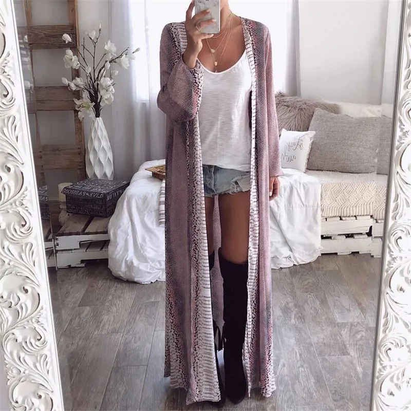 

Womens Long Sleeve Snake Skin Printed Jackets 2019 Summer Spring Chiffon Cardigan Loose Boho Outwear Fashion V-neck Long Coat
