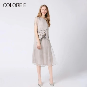 

100% Pure Silk Luxury Dress 2019 Summer Elegant Chic realistic Animal embroidered Dress Womens High Street Style Midi Dress