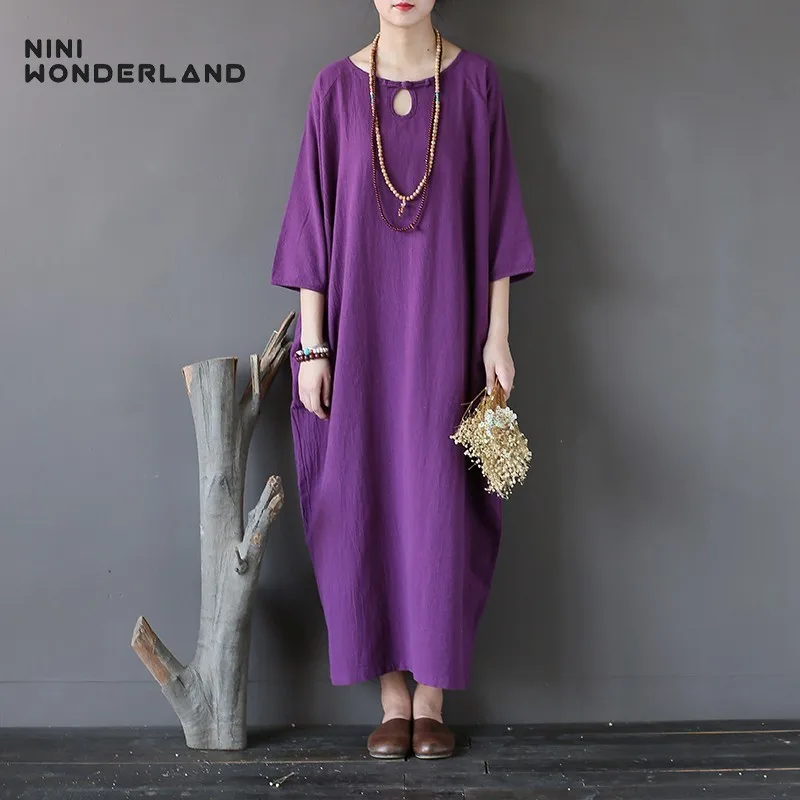 

NINI WONDERLAND Summer Cotton Dress Robe Women 2019 Loose Classic Solid Color Dress Female Large Size Long Dresses Gown Clothes