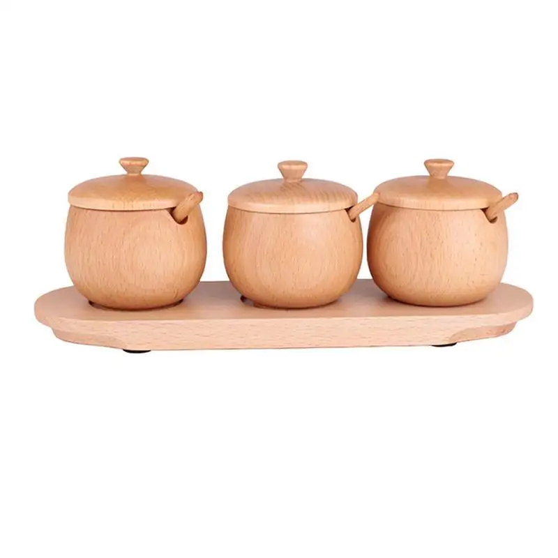 

High Quality Kitchen Tools Wooden Seasoning Pot Condiment Storage Jar Set Multi Function Spice Jar Containers With Lids Spoons