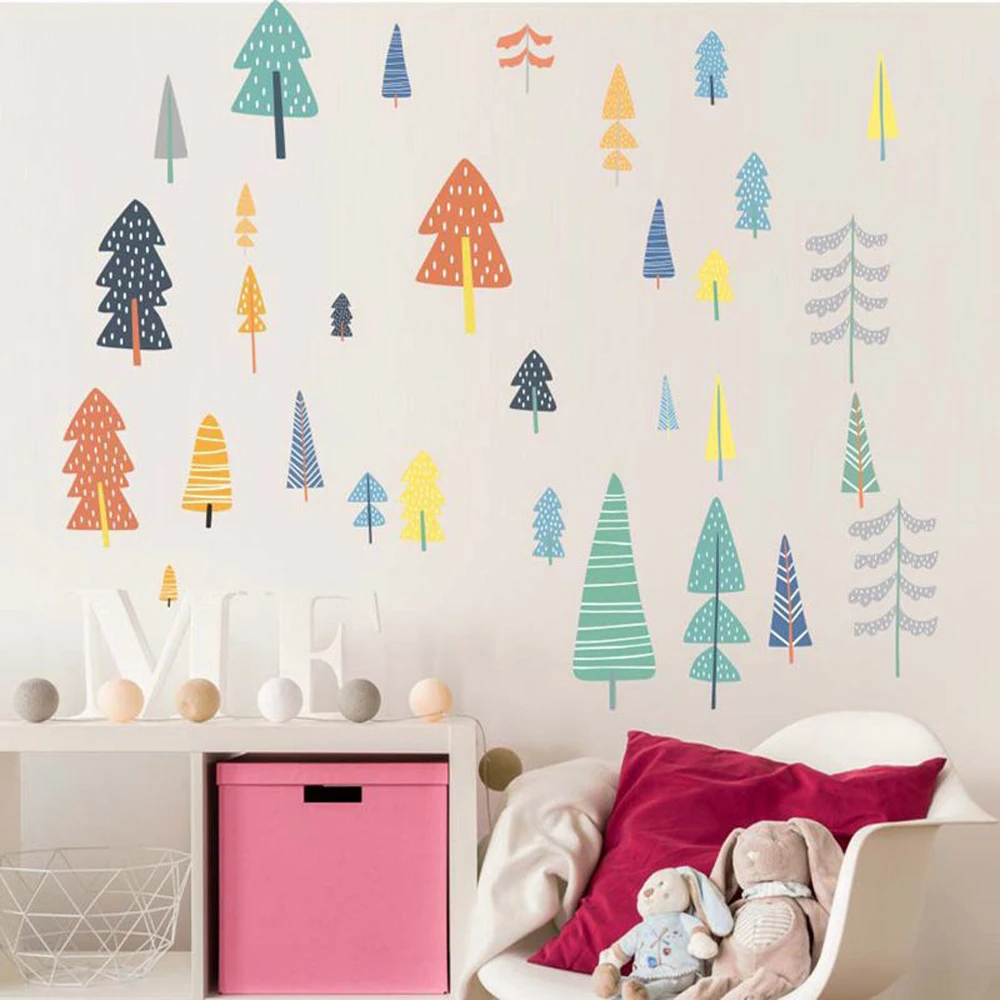 

Nordic Style Forest Tree Color Wall Decals Woodland Tree Vinyl Art Wall Stickers For Kids Room Decoration Modern Wall Decor