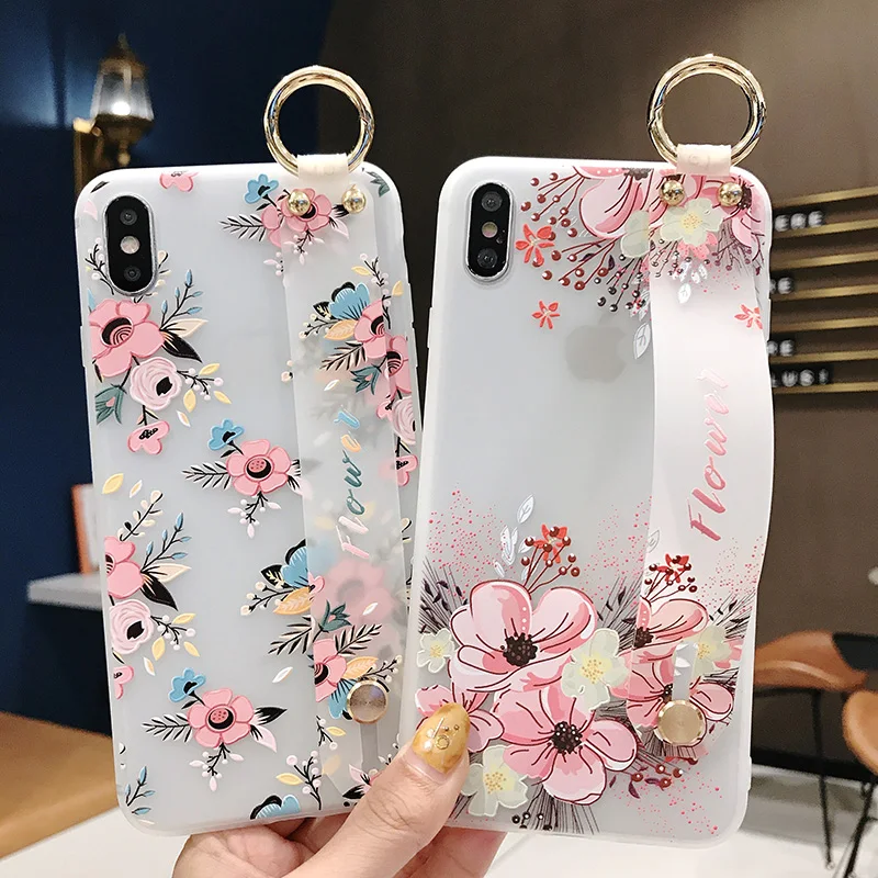 S10e Case Wrist Strap Soft Cover For Samsung Galaxy S8 S9 S10 Plus Note 8 9 3D Relief Flower Stand Coque With Finger Ring |
