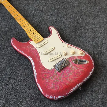 Stock inventory, antique relic electric guitar, metal red, amoeba stickers. Old guitars, real photos, free shipping